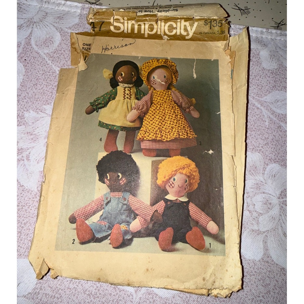 Vintage 1975 Simplicity 7247 Rag Doll and Clothes Sewing Pattern 20 Inch Dolls